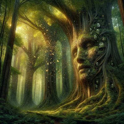 The primary subject of the image is a tree with a face carved into it. The tree is surrounded by a forest, creating a serene and natural setting. The visual style of the image is digital art, as it appears to be a computer-generated or digitally edited representation of the tree with a face. The colors and mood of the image are predominantly green, with the tree and surrounding forest providing a sense of tranquility and harmony with nature.